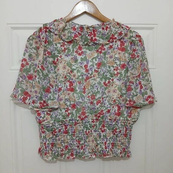 Astr womens large cropped green red smocked cross front ditsy Flora shirt top - Picture 5 of 8